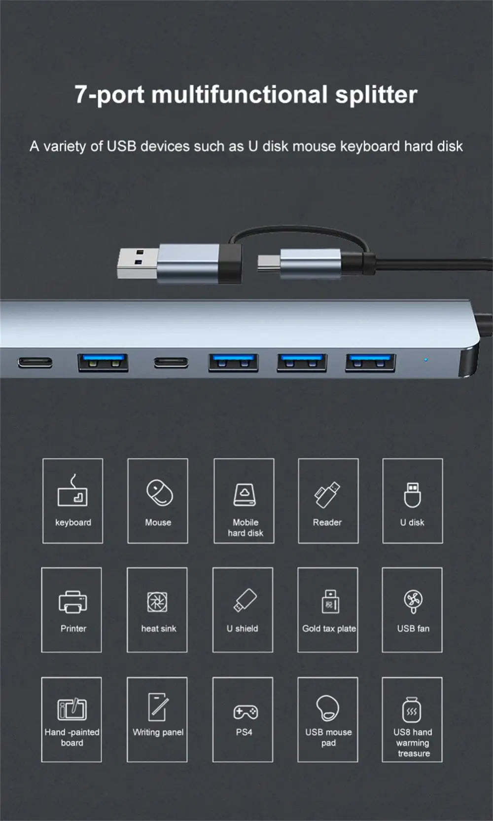 7 Port USB C HUB Multi USB Splitter USB 3.0 HUB Type C to USB OTG Adapter USB Dock Station with PD SD TF For Xiaomi Macbook Pro