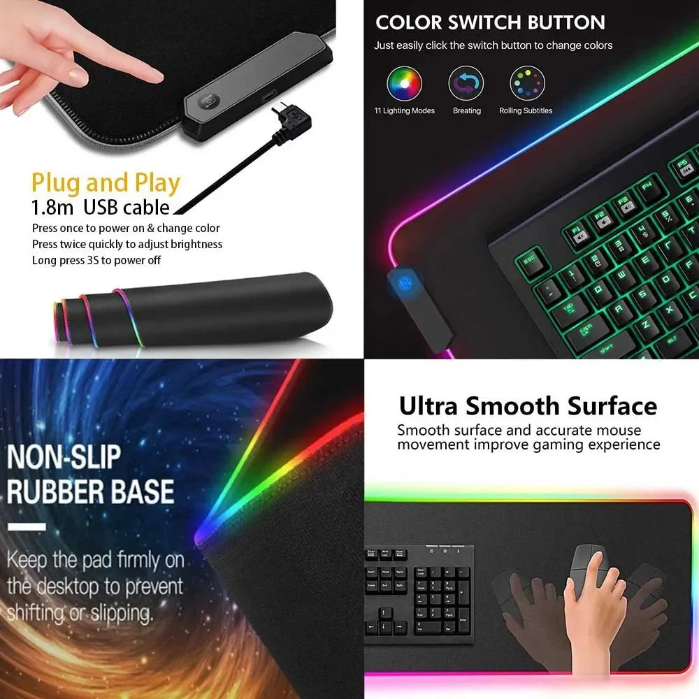 Gamer Mouse Pad Rgb LED Mausepad Speed 900x400 Mouse Mat 800x300 Large Rugs 1000x500mm Gaming Accessories Lighting Rubber Mats