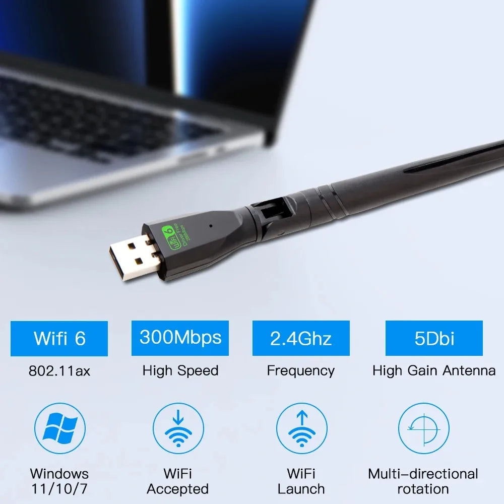 300Mbps WiFi6 USB Adapter 2.4Ghz Network Card Antenna Wifi6 USB Dongle 802.11ax Wireless WiFi Receiver For PC Laptop Driver Free