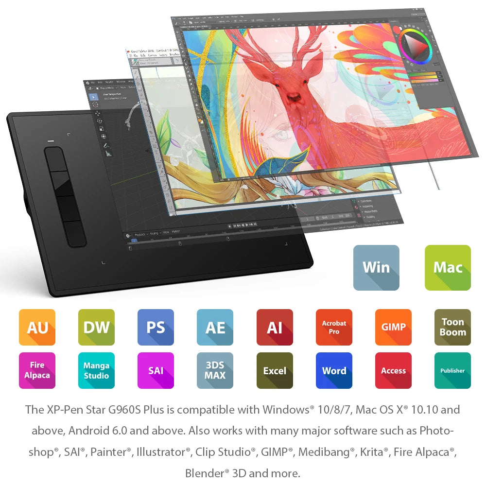 XPPen Star G960S/S Plus Graphics Tablet Digital Drawing Tablet 8192 Levels Support Windows MAC Pen Tablet Online Education