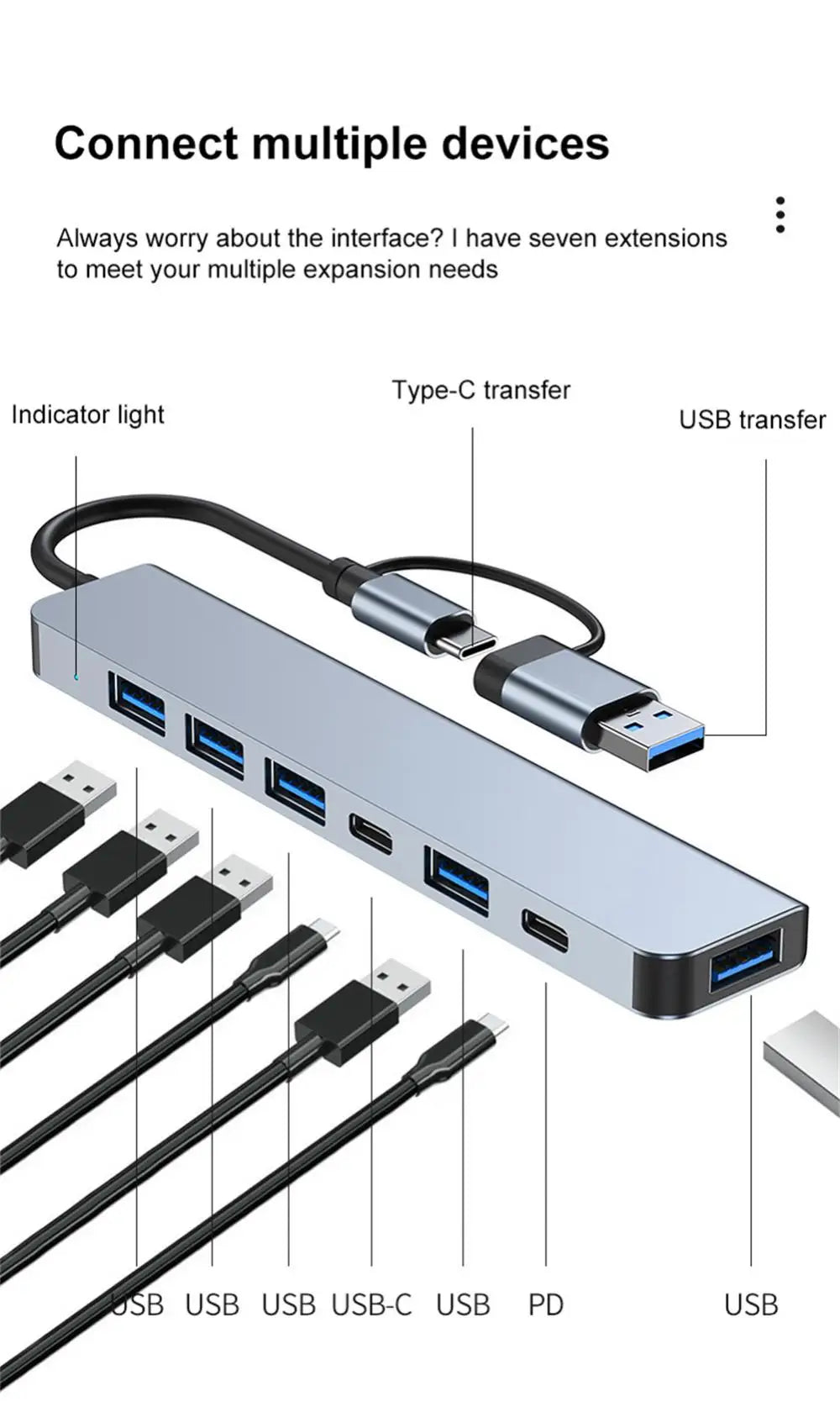 7 Port USB C HUB Multi USB Splitter USB 3.0 HUB Type C to USB OTG Adapter USB Dock Station with PD SD TF For Xiaomi Macbook Pro